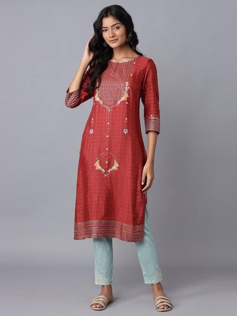 w rust red embellished straight kurta