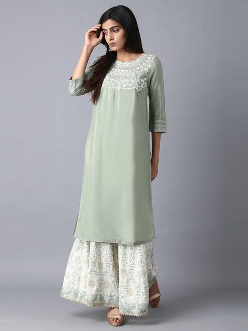 w sage green embroidered straight kurta