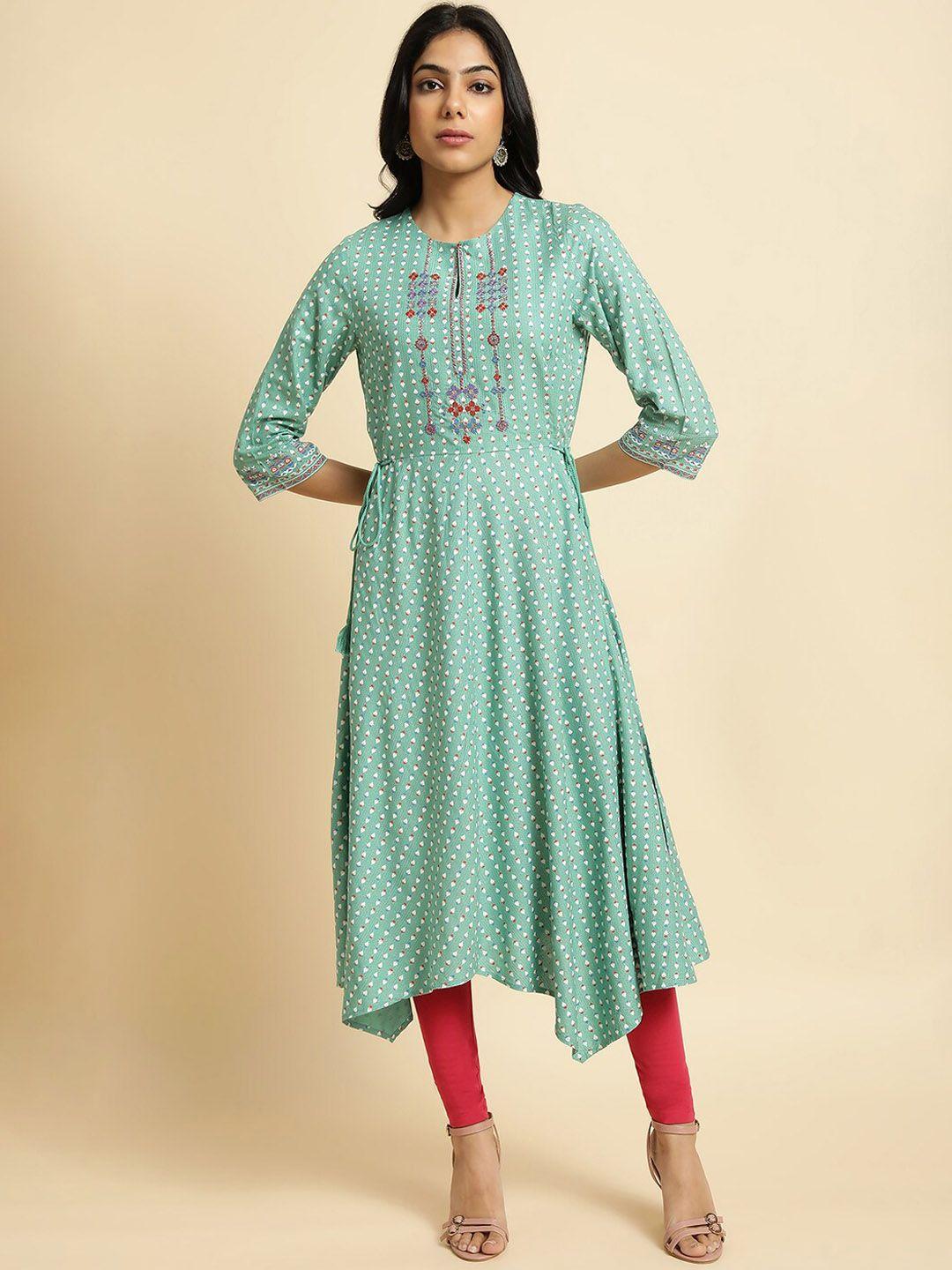 w sea green & red ethnic printed keyhole neck thread work asymmetric a-line kurta