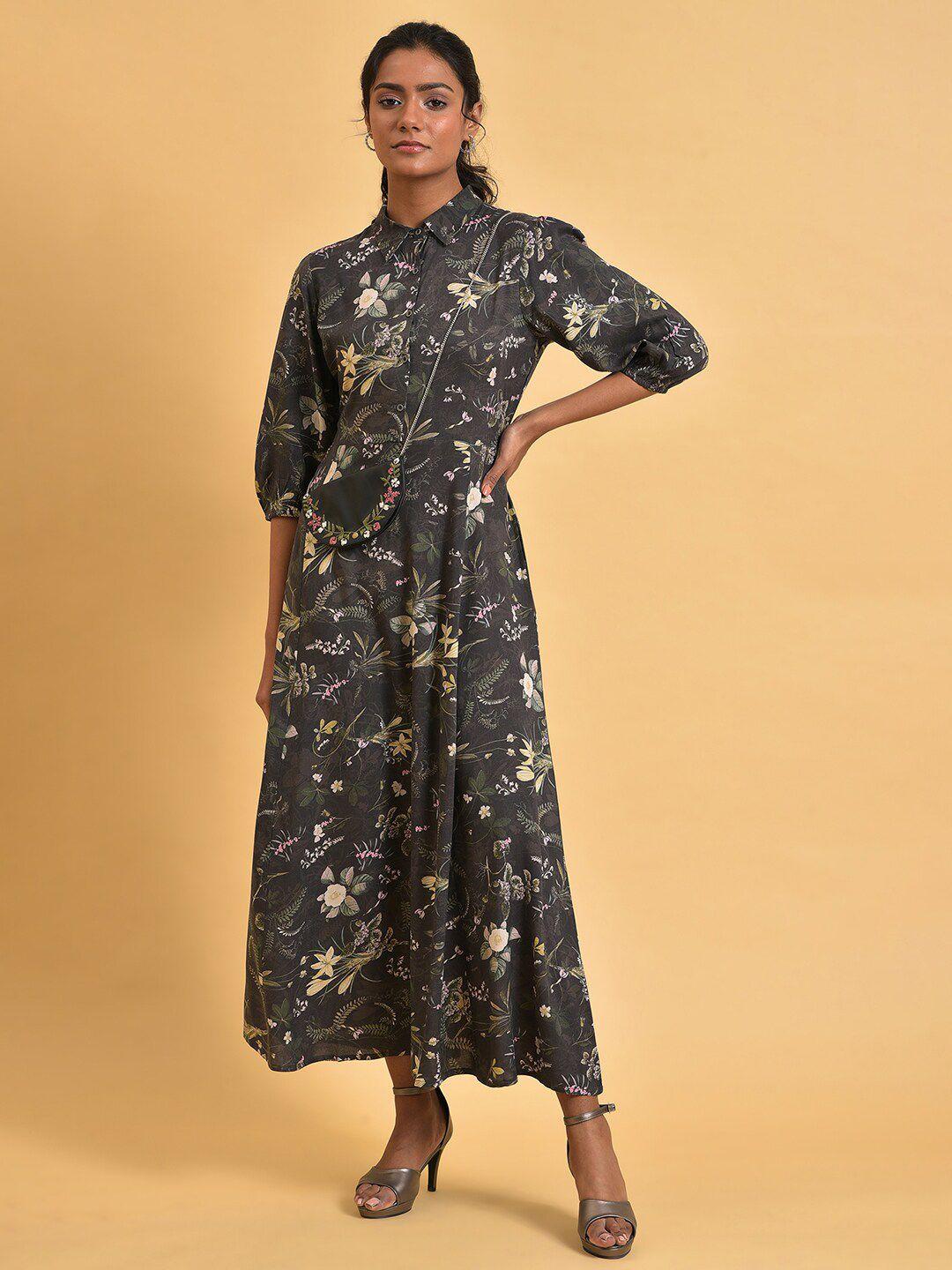 w shirt collar floral maxi dress