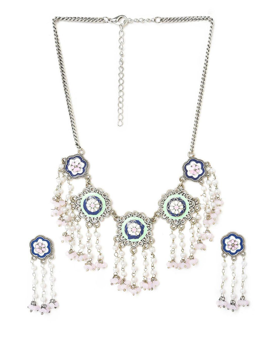 w silver-toned & blue embellished & beaded jewellery set