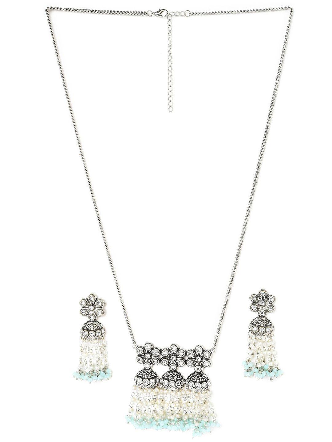 w silver-toned & white stone-studded & beaded jewellery set