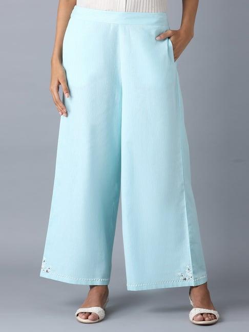 w sky blue cotton embroidered palazzos