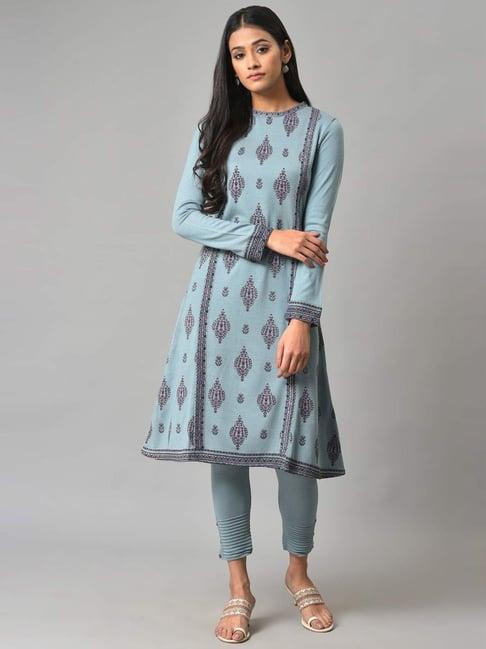 w sky blue floral print a line winter kurta