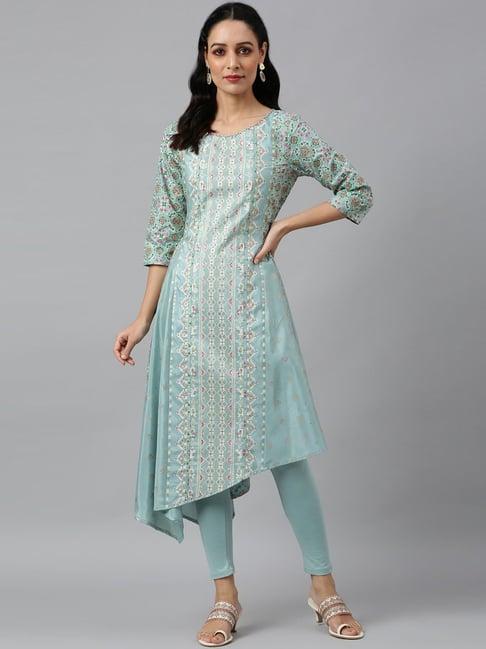 w sky blue floral print kurta leggings set