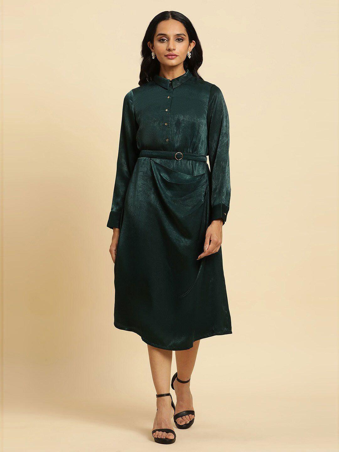 w spread collar pleated a-line midi dress with belt