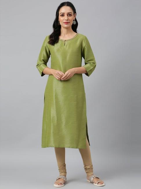 w spring green cotton geometric print straight kurta