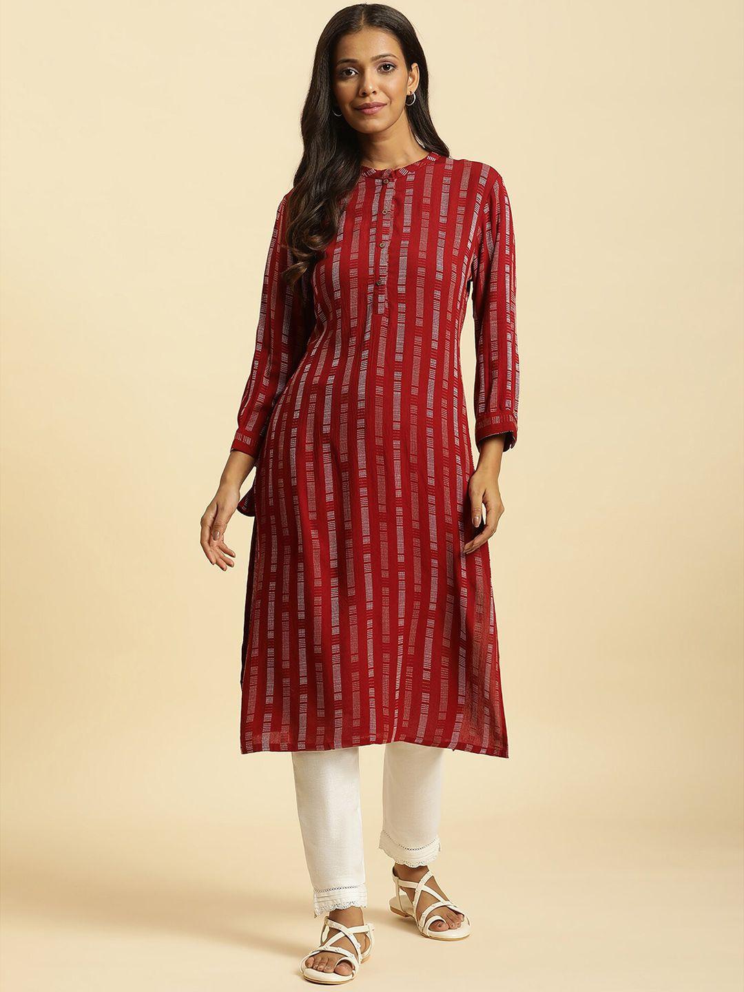 w striped band collar thread work detailed straight kurta