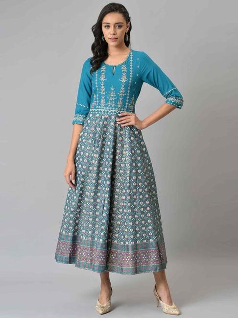 w teal blue floral print a line kurta