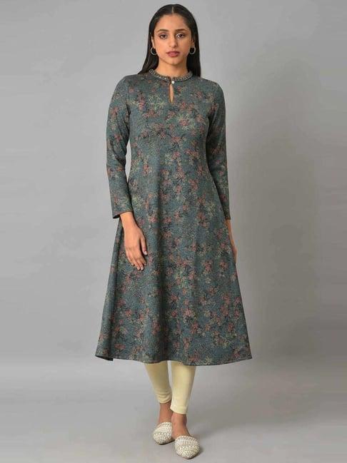 w teal blue floral print a line winter kurta