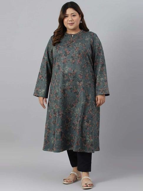 w teal blue floral print a line winter kurta