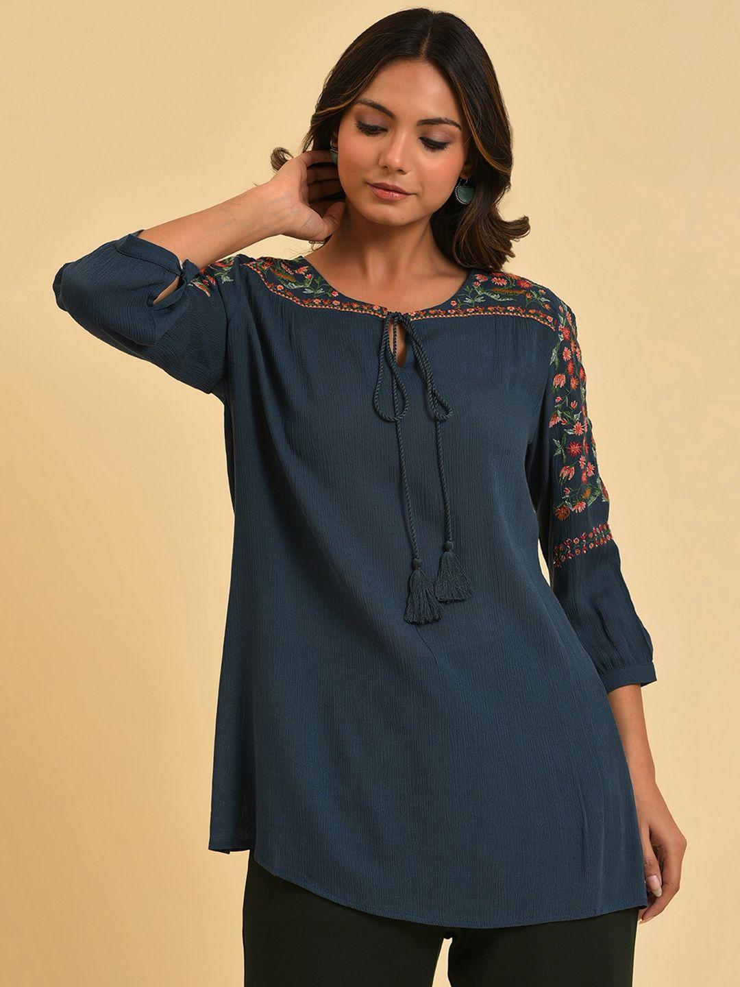 w teal blue tie-up neck regular top