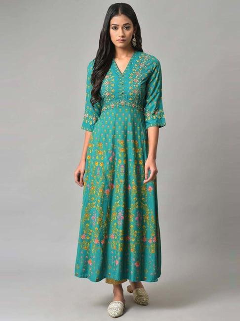 w teal green floral print a line kurta