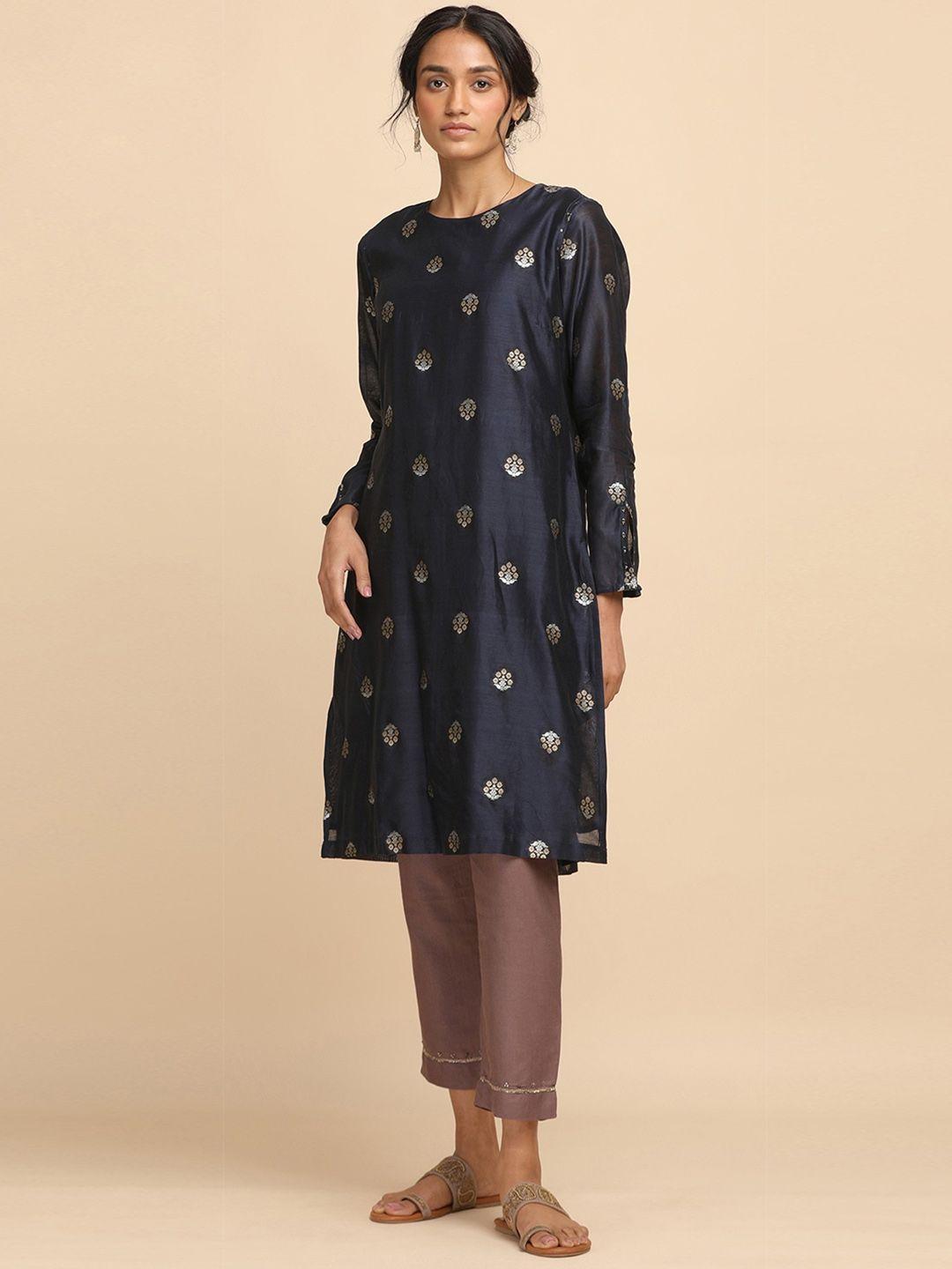 w the folksong collection - women blue and gold cotton silk jacquard kurta
