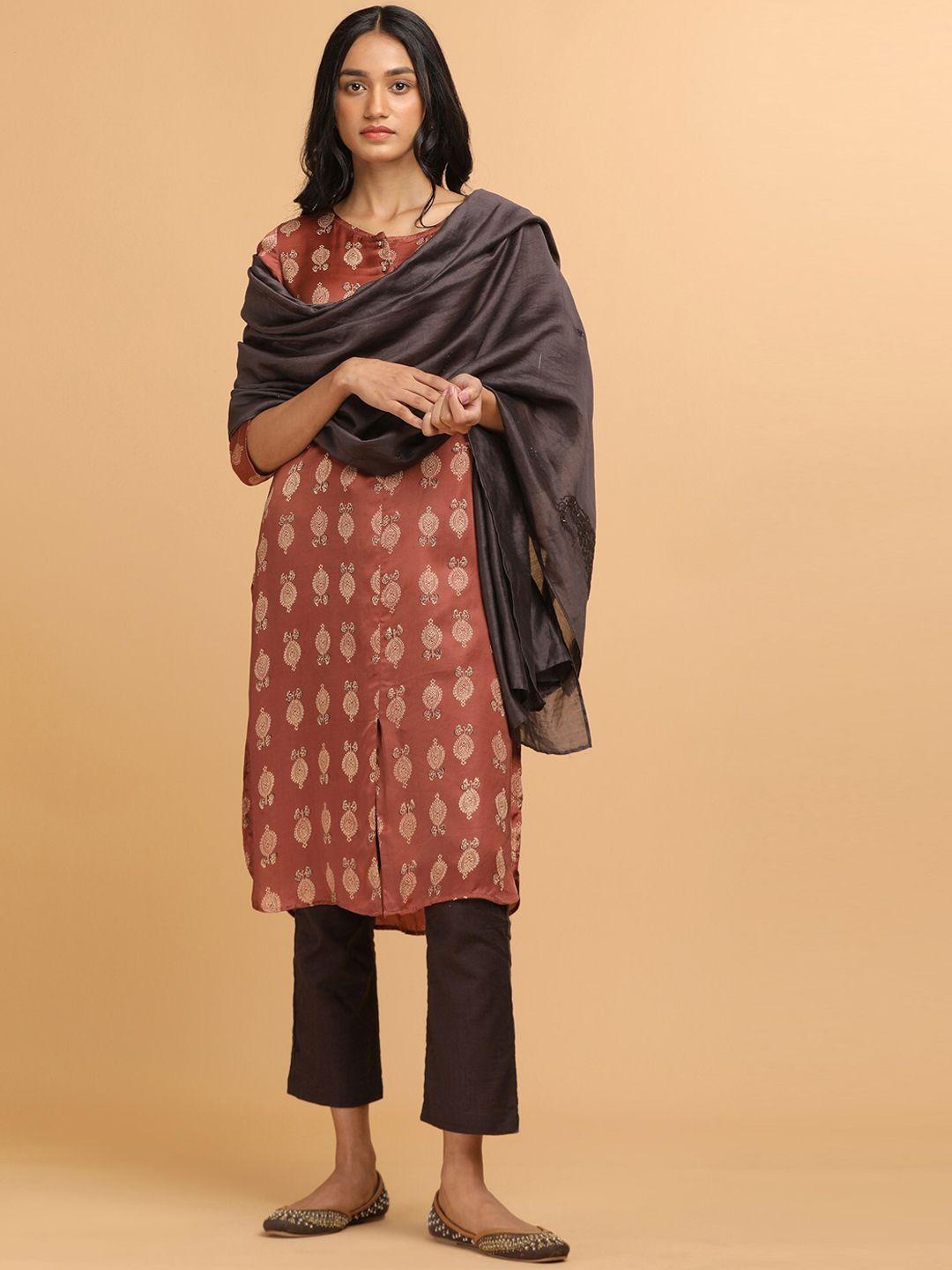 w the folksong collection - women rust ajrakh print mid-length kurta