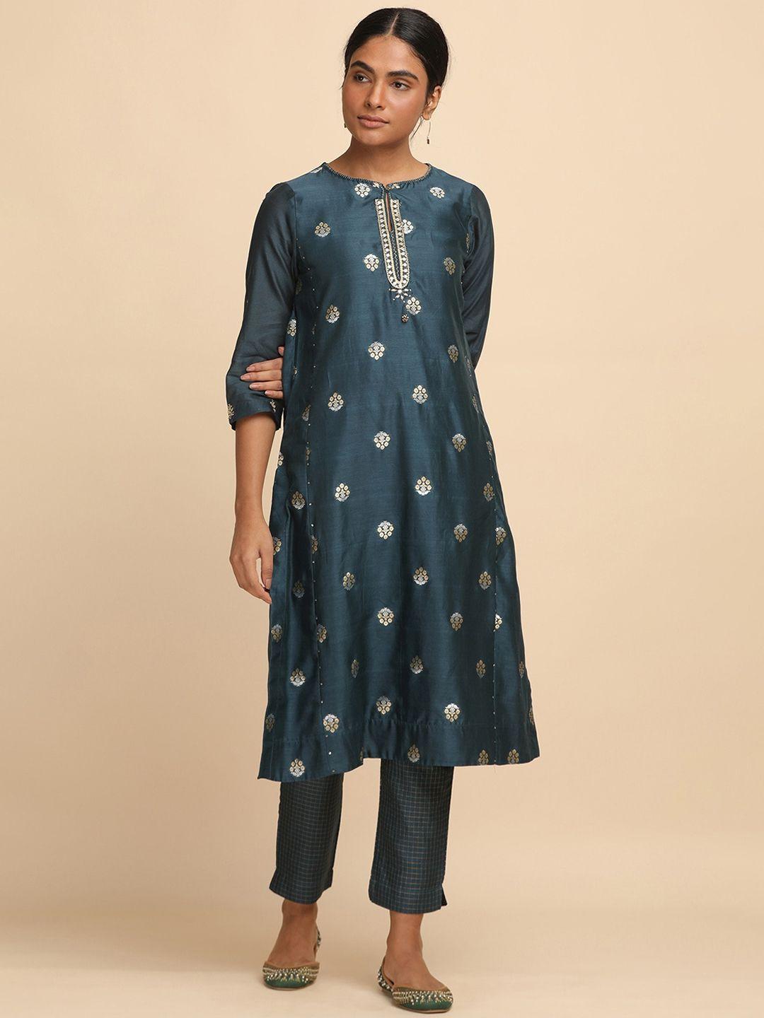 w the folksong collection - women teal blue and gold cotton silk jacquard kurta