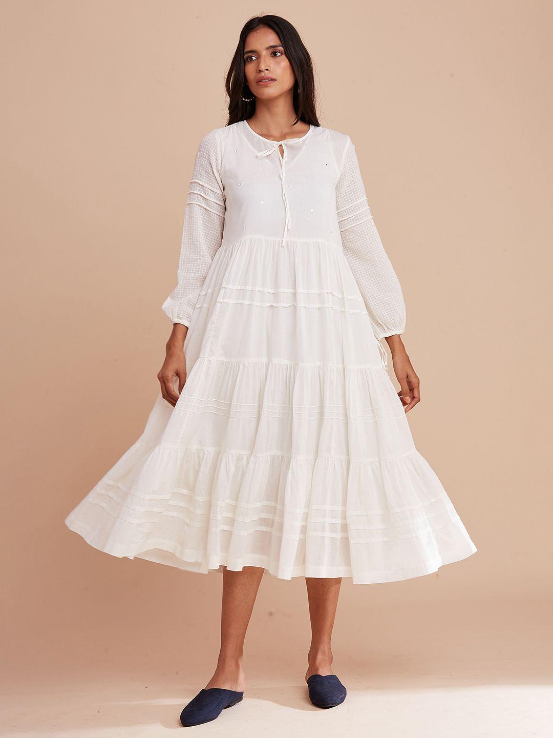 w the folksong collection white self design tie-up neck ethnic midi a-line cotton dress