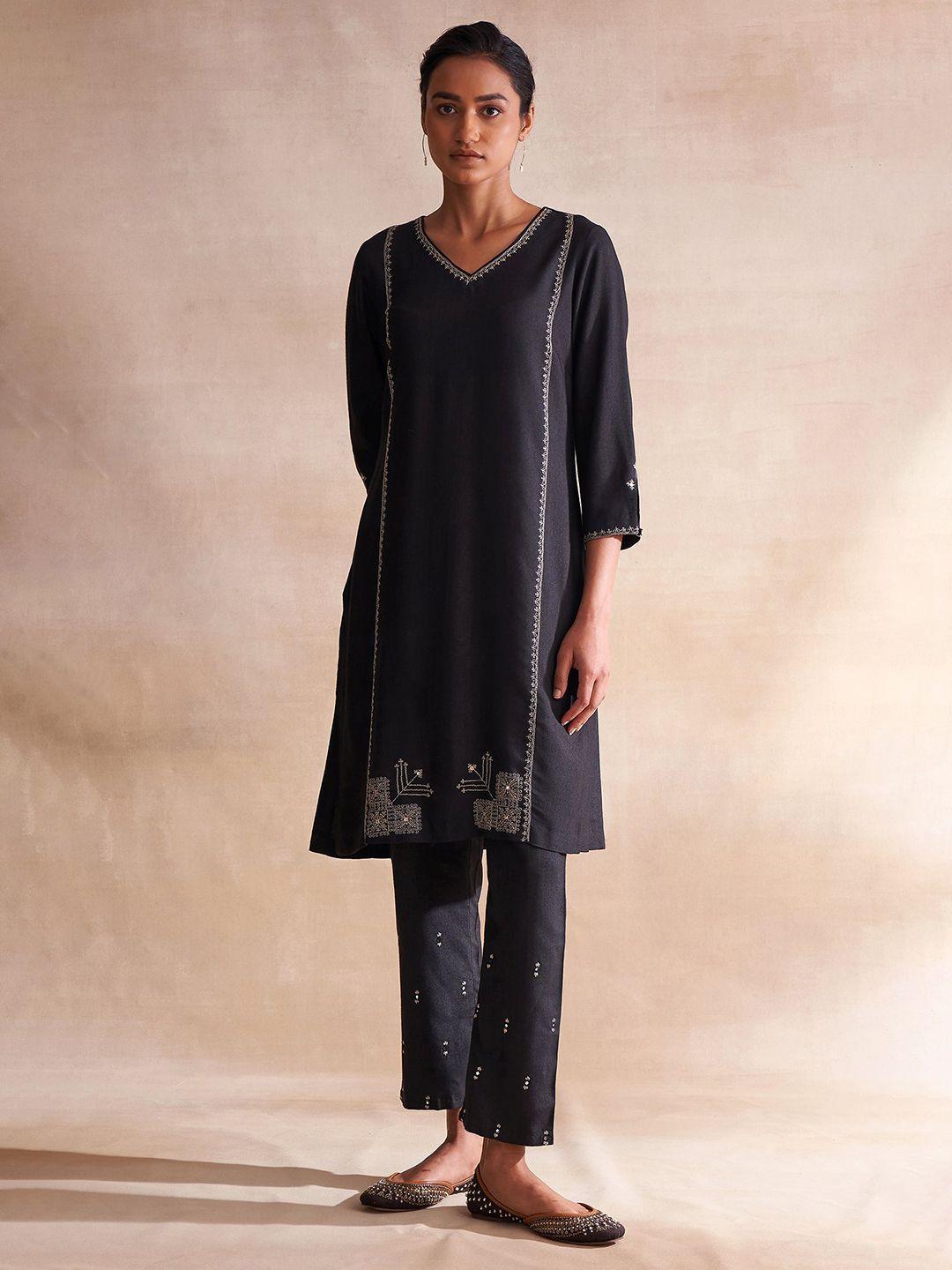 w the folksong collection women black solid thread work kurta