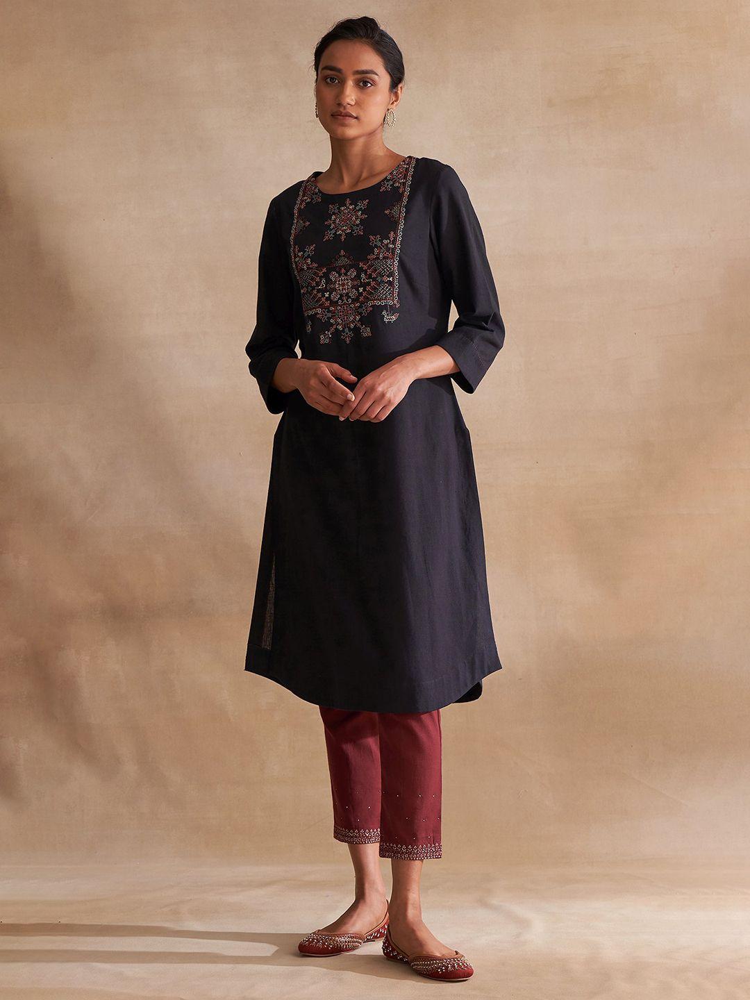 w the folksong collection women black yoke design thread work cotton kurta