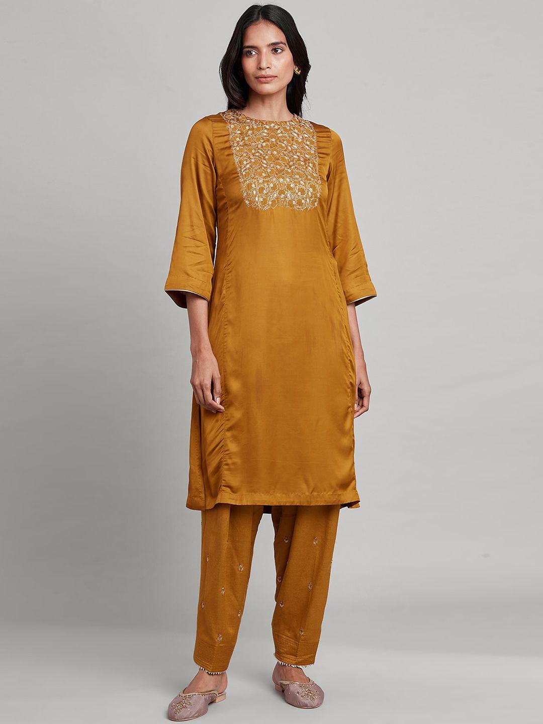 w the folksong collection women dark yellow the folksong collection ethnic motifs embroidered thread work kurta