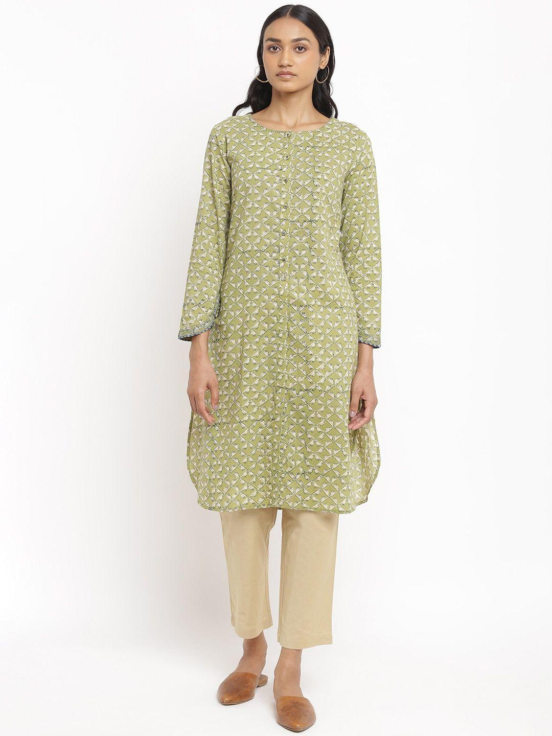 w the folksong collection women green geometric printed thread work pathani kurta