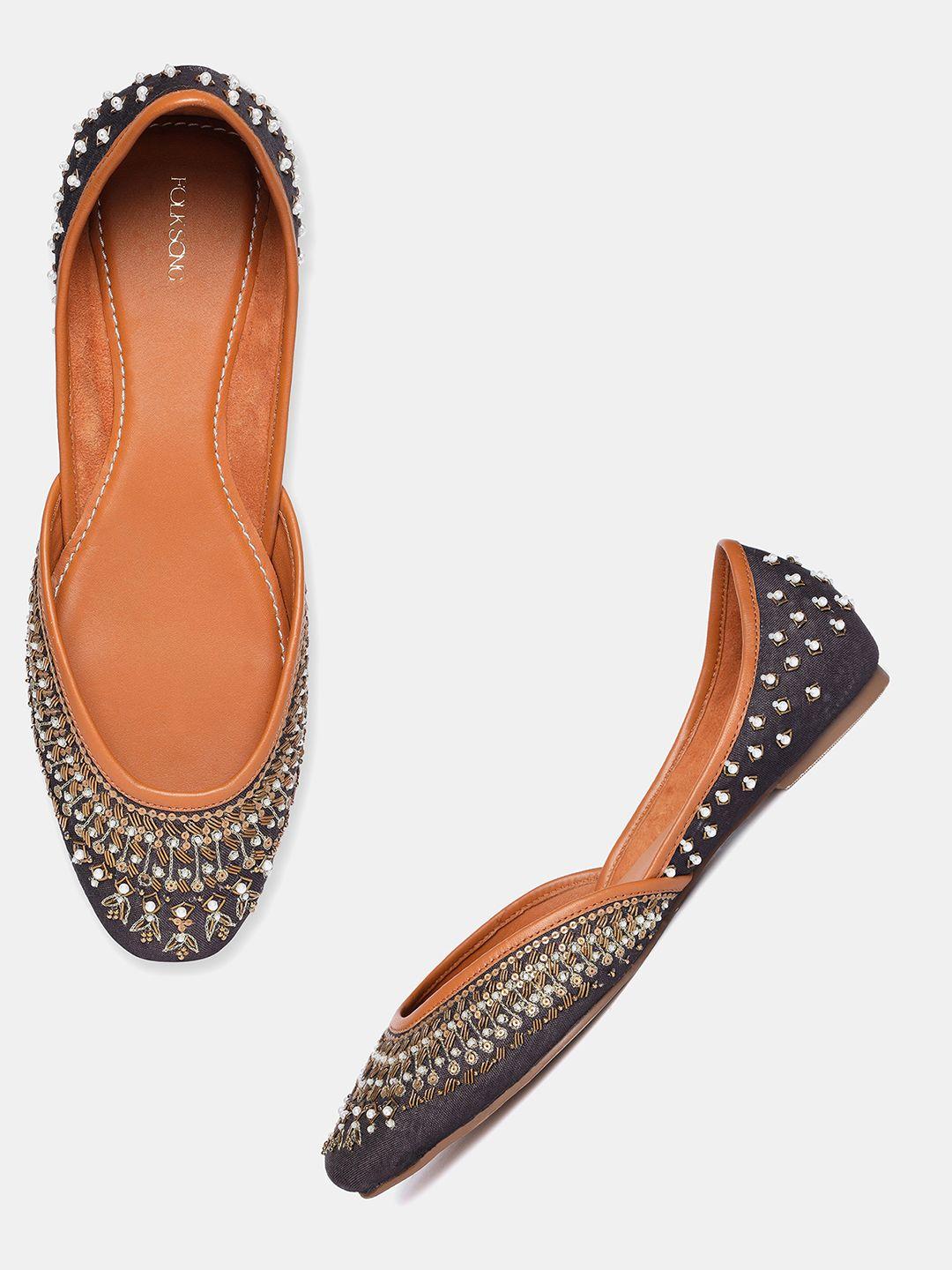 w the folksong collection women grey & brown embellished leather ethnic ballerinas flats