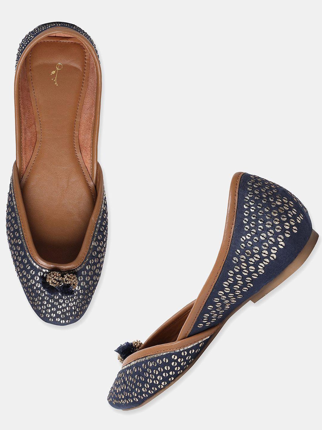 w the folksong collection women navy blue embellished mojaris flats