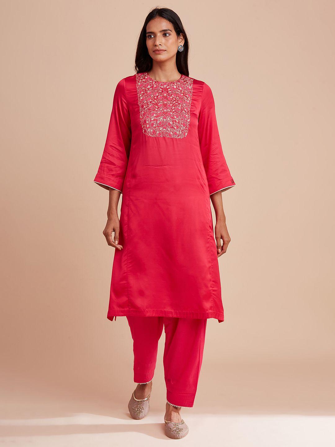 w the folksong collection women pink embroidered yoke design thread work kurta