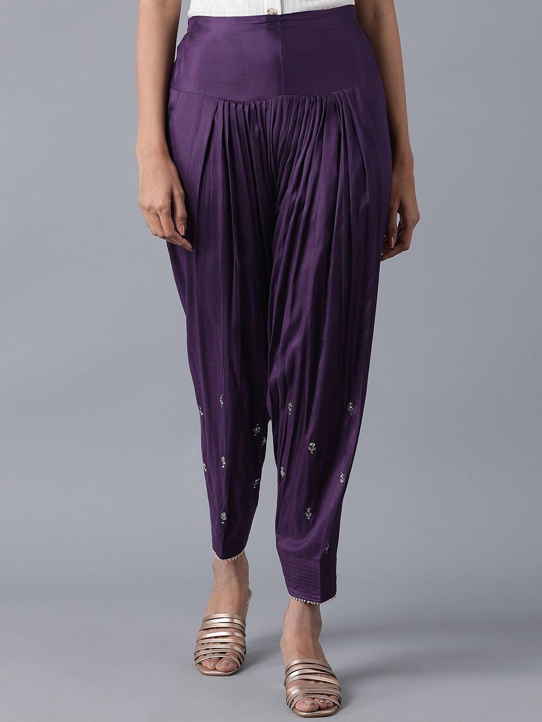 w the folksong collection women purple solid straight fit salwar pants