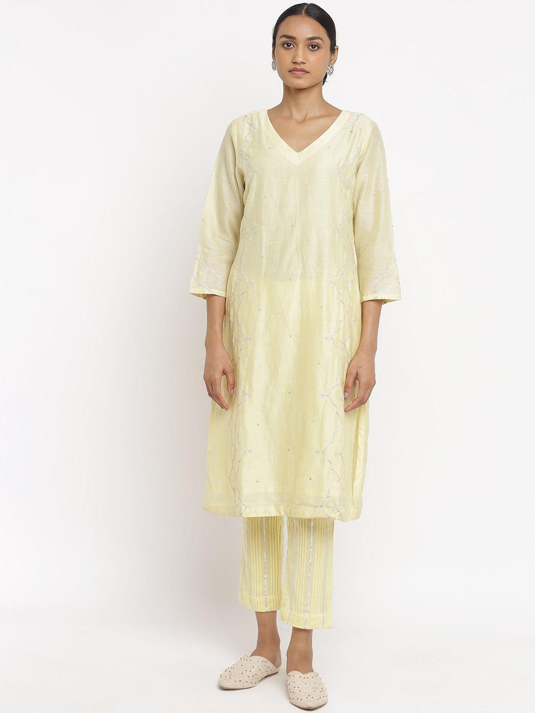 w the folksong collection women yellow embroidered thread work asymmetric kurta