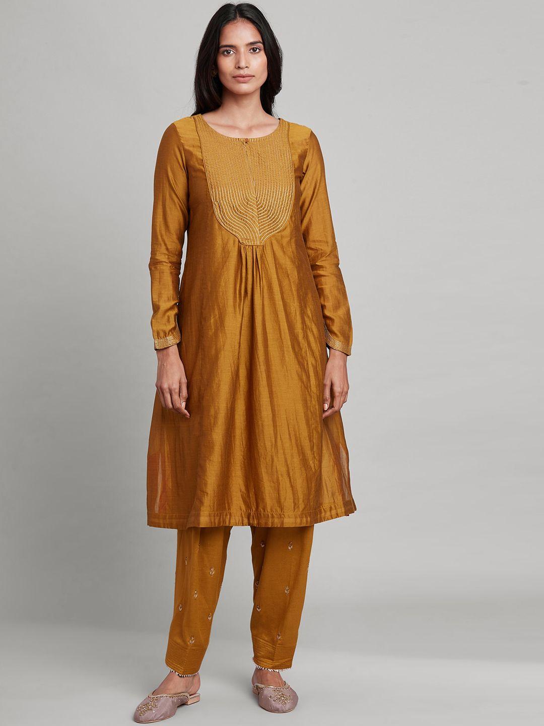 w the folksong collection women yellow the folksong collection & gold-toned yoke design cotton silk thread work kurta