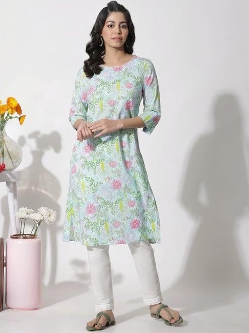 w turquoise cotton floral print a line kurta