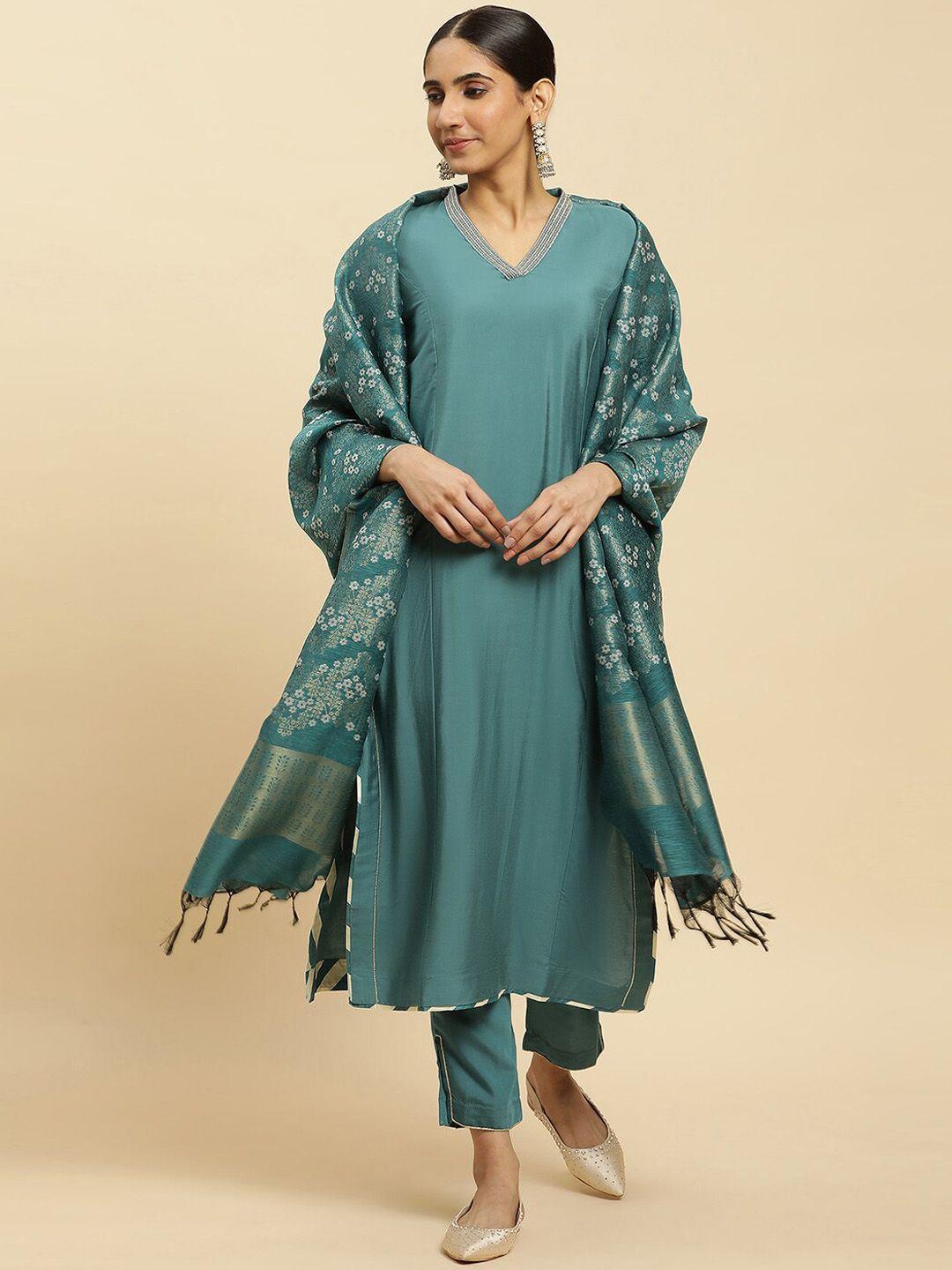 w v-neck kurta with trousers & dupatta