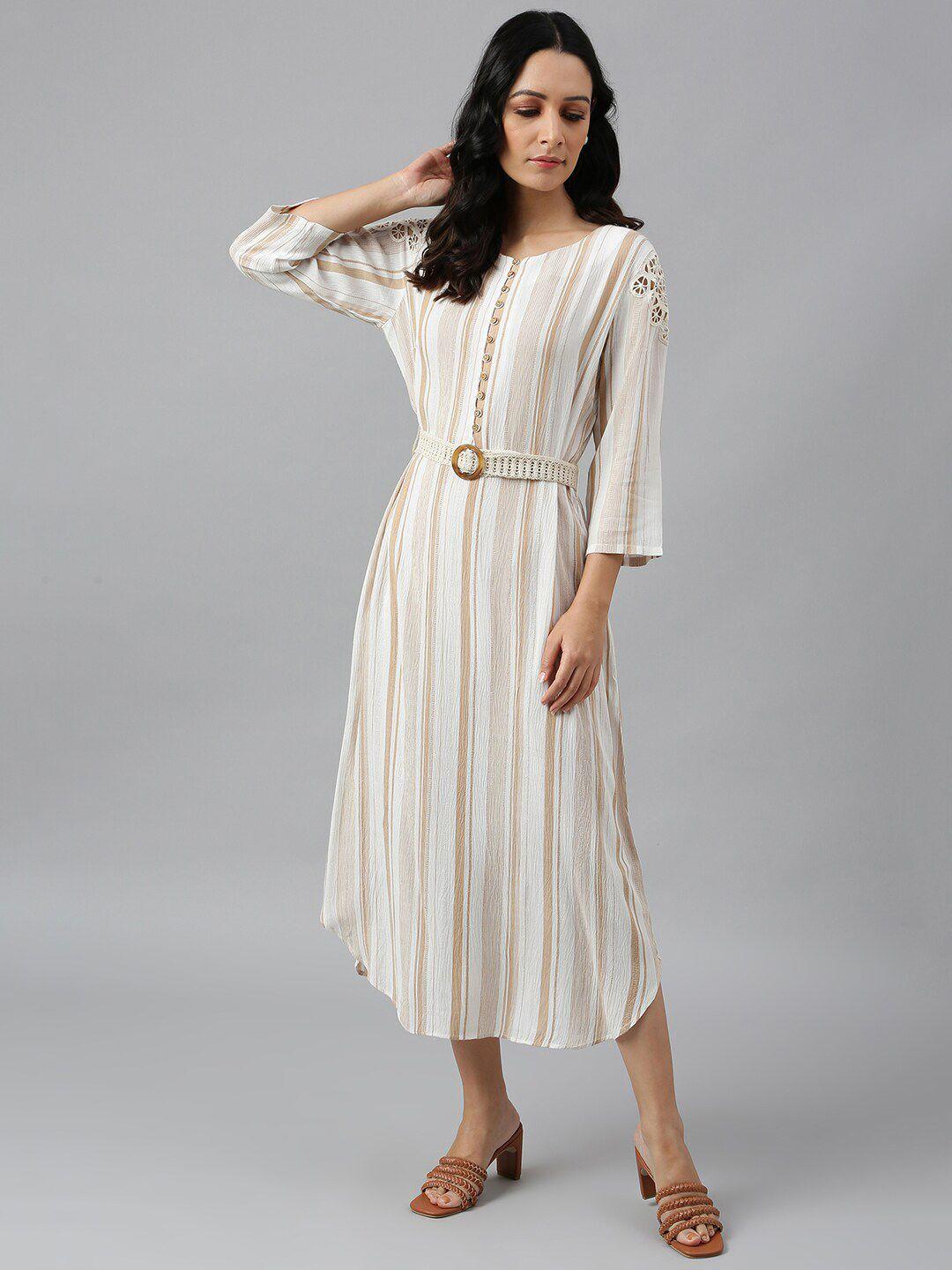 w white & beige striped chiffon a-line midi dress