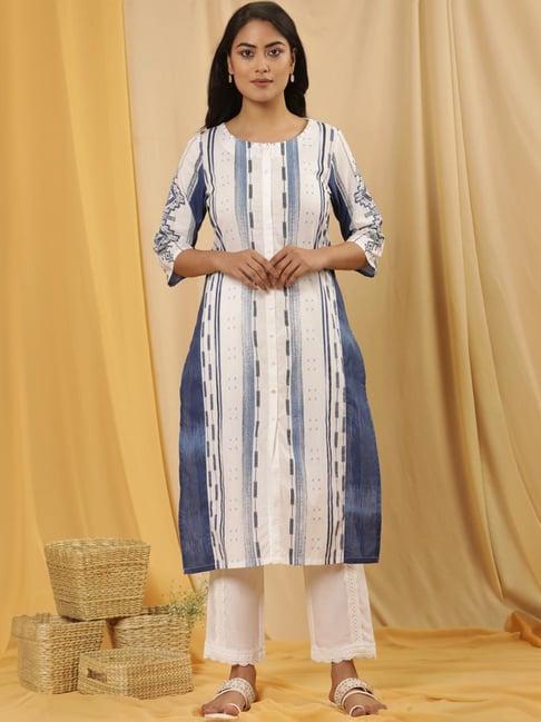 w white & blue cotton printed kurta pant set