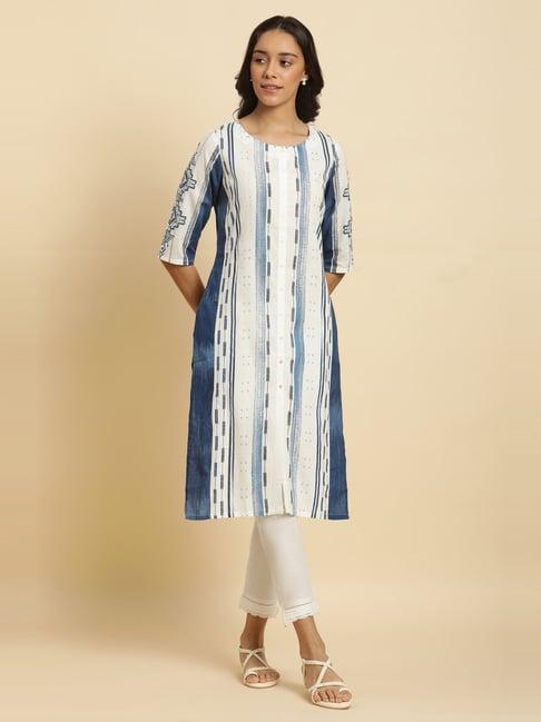 w white & blue cotton printed straight kurta