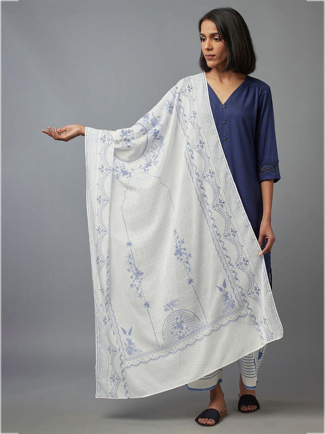 w white & blue floral printed pure cotton dupatta