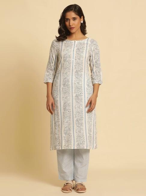 w white & blue printed kurta pant set