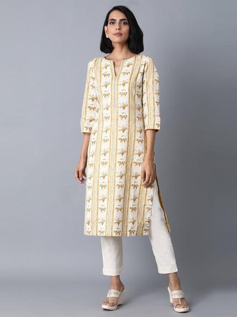 w white & brown printed a line kurta