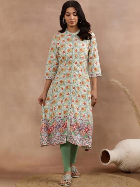 w white & green printed kurta leggings set