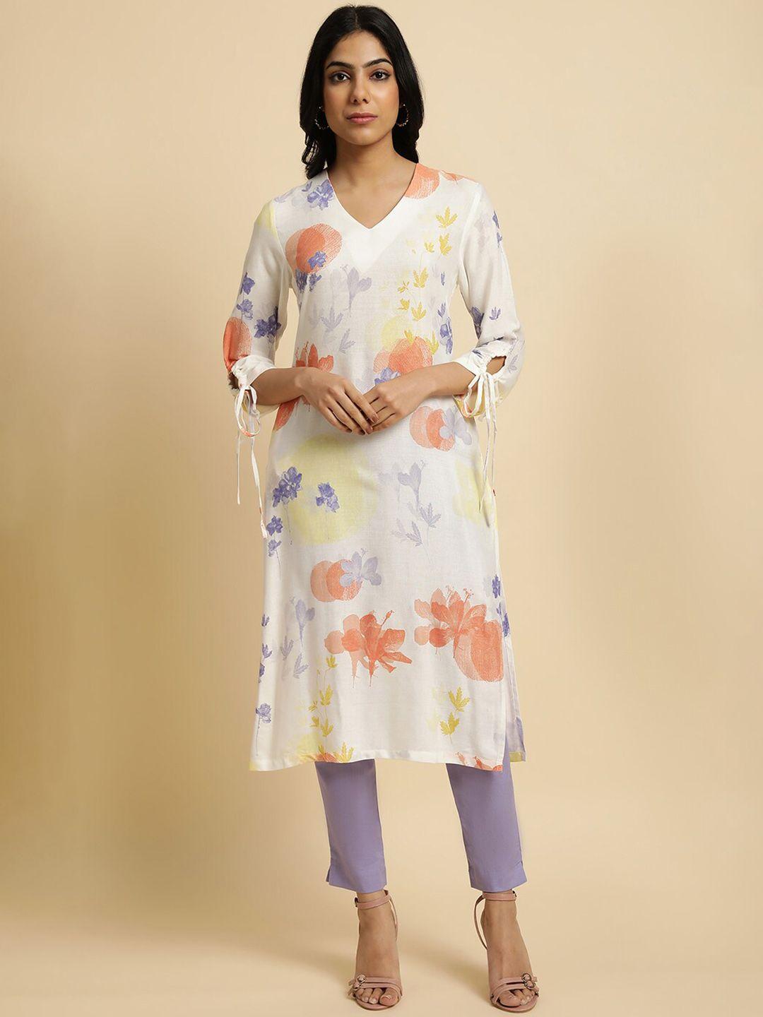 w white & peach floral printed v neck kurta