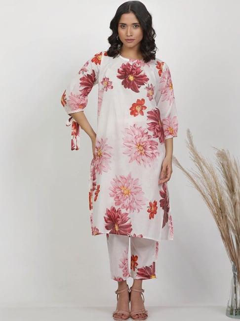 w white & pink cotton printed kurta pant set