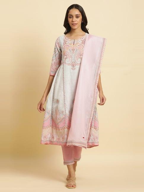 w white & pink printed kurta pant set with dupatta