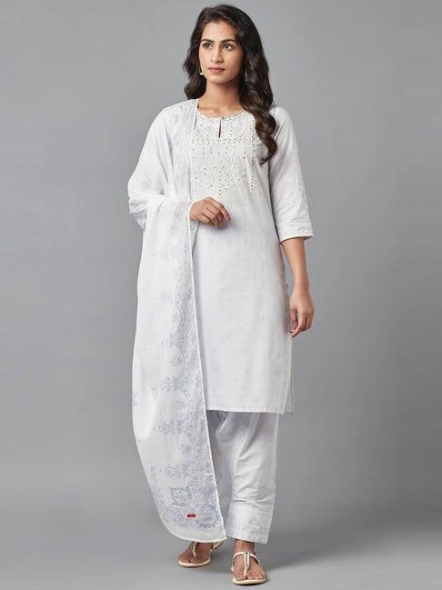 w white cotton embellished kurta salwar set with dupatta