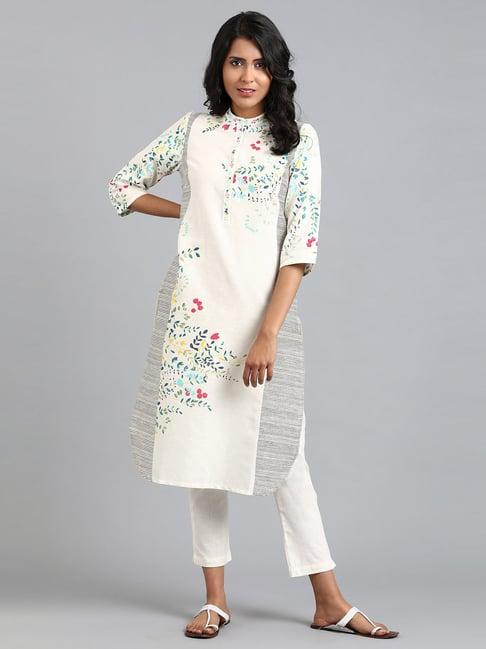 w white cotton floral print straight kurti