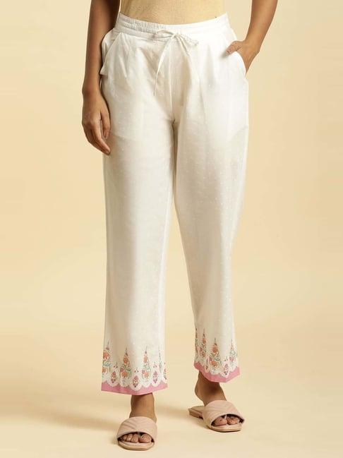 w white cotton floral print straight pants