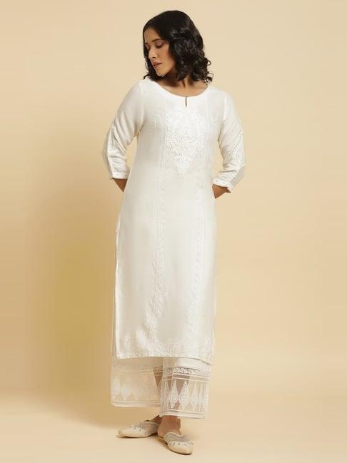 w white embroidered kurta palazzo set