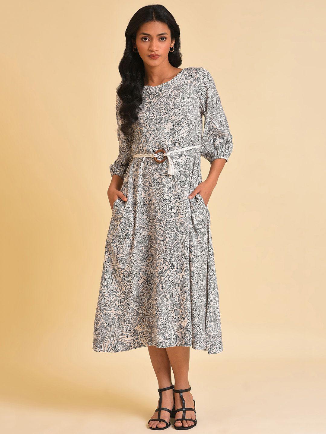 w white ethnic motif printed a-line midi dress with belt