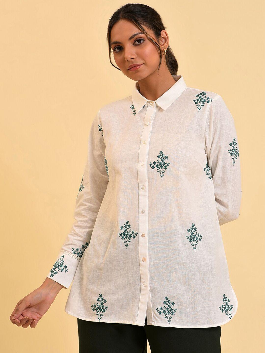 w white floral embroidered cotton shirt style top