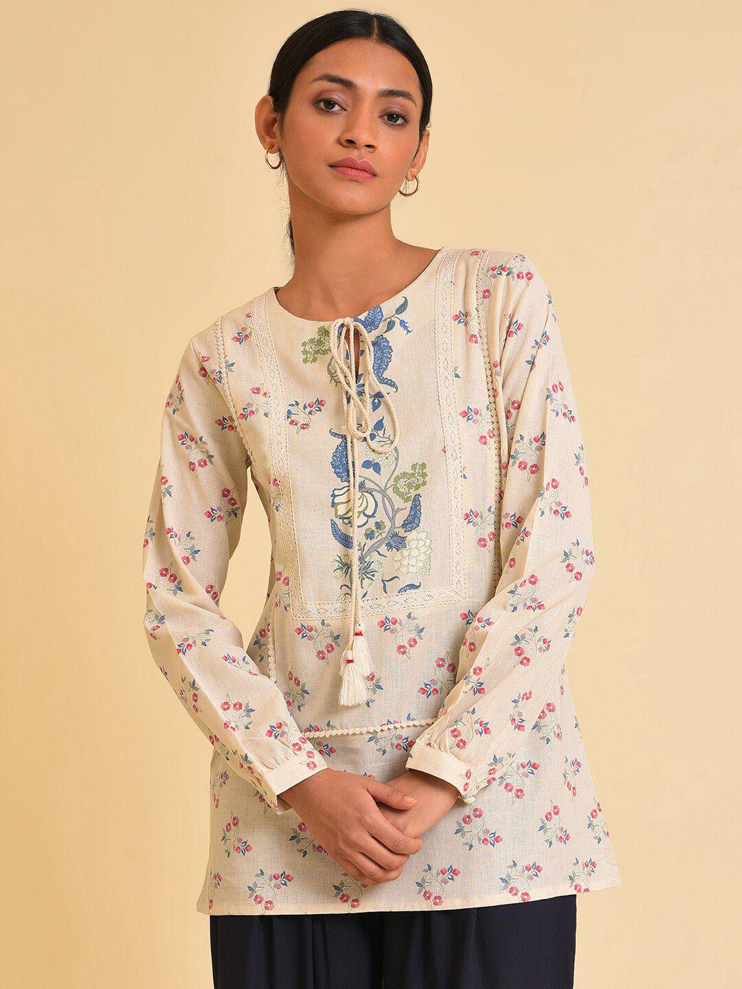 w white floral print tie-up neck cotton top